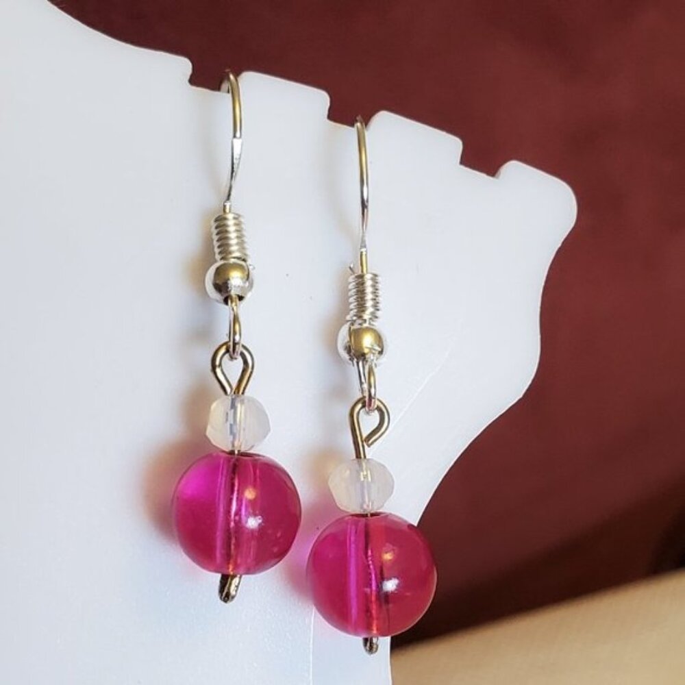 Silver Tone Hook Pink Glass Bead Dangle Earrings